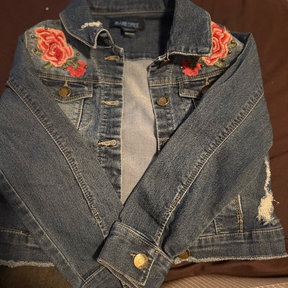 Blue Spice Denim Jacket with Floral Embroidery